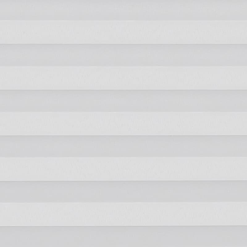 White horizontal pleated shades covering the window; fully lowered and closed, softly diffusing light; minimal interior view, neutral ambient lighting and no visible frame or outdoor scene.