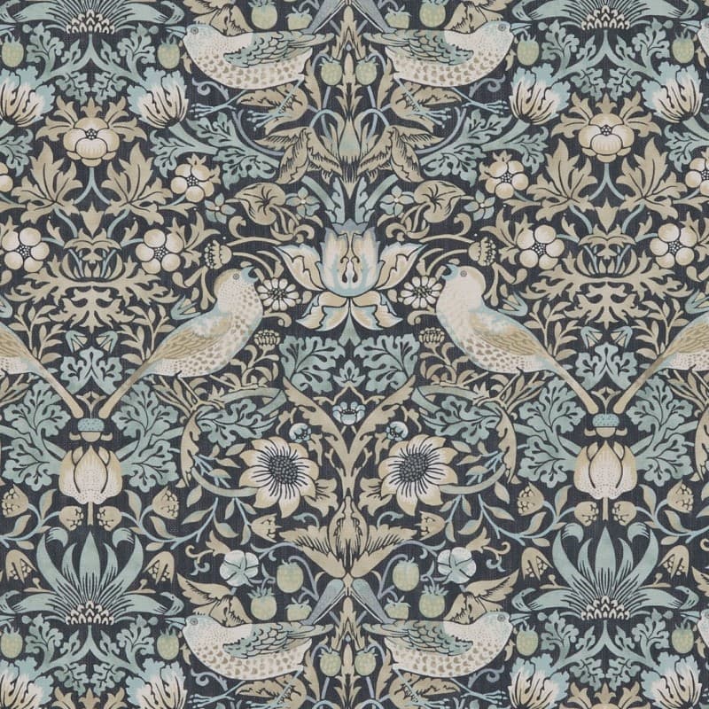 Damask-style fabric or wallpaper with stylized birds, tulips, and scrolling foliage  printed in mirrored repeating pattern â€” muted teal, beige and cream on dark background, intended as wall covering or upholstery.