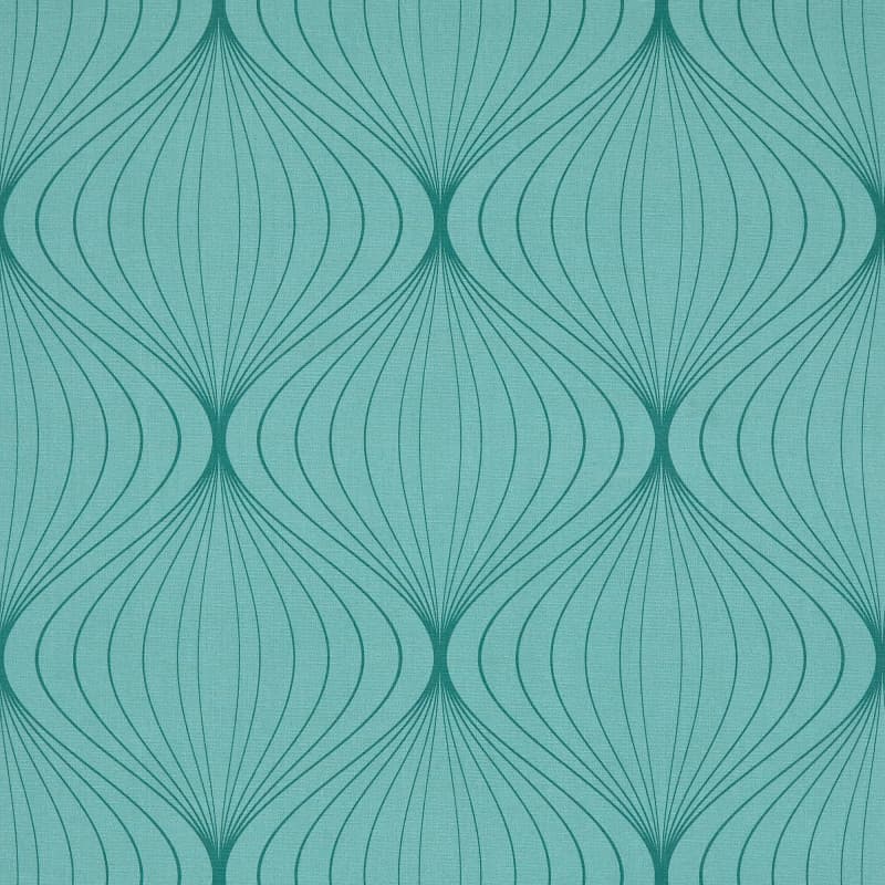 Teal wallpaper with repeating dark-teal, onion-shaped curved-line motifs; pattern printed across the wall surface, creating vertical symmetry and rhythmic repetition; evenly lit, flat surface suggesting mid-century modern decor.