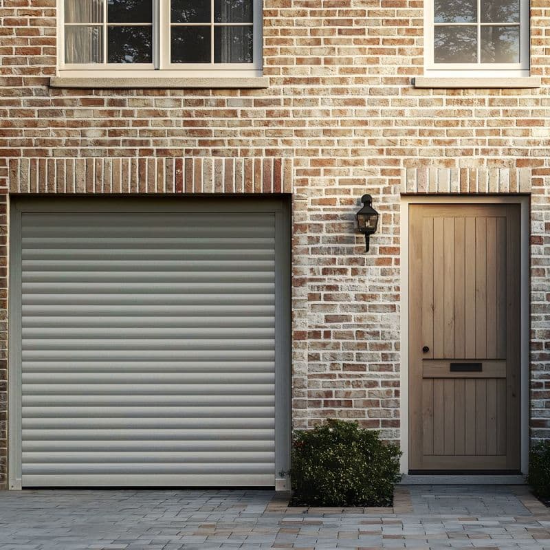 Sheer curtains behind upper windows, drawn to sides and filtering daylight; brick facade with closed roll-up garage door left, wooden front door right, wall lantern and paved driveway.