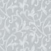 Decorative white vine-and-leaf motif curls and repeats across a light gray, woven-textured fabric background, forming an all-over, stylized botanical scroll pattern.