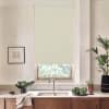 Beige roller blind partially lowered over a kitchen window above sink and faucet, flanked by potted plants, a bowl of greens, and a framed sketch on a pale wall.