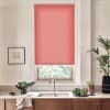Coral roller blind covers a kitchen window, partially lowered over a sink; stainless faucet centered, countertop holds bowls of leafy greens, potted plants, and a framed sketch on the wall.