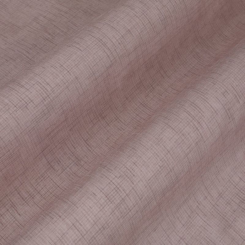 Semi-opaque mauve linen curtain with fine crosshatch weave, hanging in soft vertical folds and gently diffusing light; close-up view, neutral indoor lighting, no visible room or window.