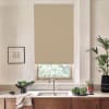 Beige roller blind covers most of a window, partially lowered above a kitchen sink and faucet, set on a countertop with bowl of greens, framed sketch, and potted plants.