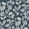 White hand-drawn wildflower and leafy sprigs repeat in a scattered pattern across a dark teal, subtly striped background, evoking wallpaper or fabric print.