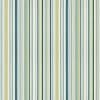Vertical fabric curtain, tightly closed, displaying alternating thin and wide teal, aqua, lime, beige and white stripes; close-up, evenly lit interior view emphasizing the patterned textile.