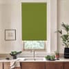 A green roller blind covers most of a kitchen window above a sink; countertop holds potted plants, a bowl of greens, a towel and a framed sketch on left wall.