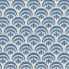 Blue fan-shaped motifs repeat in staggered rows, forming scalloped, wave-like arches; each fan shows concentric semicircles and a dot, printed on a light beige, textured background like wallpaper.