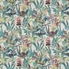Floral-patterned wallpaper swatch laid flat, displaying overlapping stylized leaves and ferns in teal, pink, green, and ochre; a repeating decorative motif on a white background for interiors.