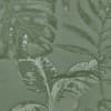 Large tropical leaves overlap and fan outward, printed in darker green tones with subtle highlights on a textured sage-green woven fabric background, forming a repeating botanical pattern.