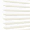 White layered zebra blinds with horizontal opaque slats and sheer panels, mounted left, covering window; slats angled to filter bright daylight into a minimally visible, softly lit interior.