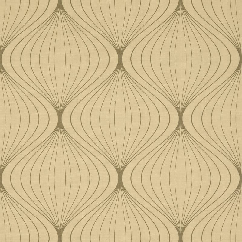 Beige geometric wallpaper—repeating vertical, onion-shaped motifs formed by thin curved lines—covers a flat surface, offering a mid-century modern decorative pattern in soft, evenly lit neutral tones.