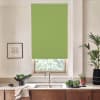 Green roller blind is lowered over a kitchen window above a stainless sink; wooden cabinets, a bowl of leafy vegetables, potted plants and a framed sketch sit on the countertop.