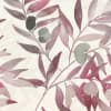 Slender branches with elongated leaves and round seed pods arch and overlap across a cream background with soft watercolor washes in mauve, rose, and gray.