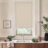 A pale roller blind covers the upper window, blocking light; beneath it, stainless faucet and sink rest on a counter with bowls of greens, potted plants, and a framed sketch.