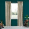 Beige pinch-pleat curtains on a metal rod, drawn to either side, framing and partially revealing a sunlit white-framed window; teal living-room wall, carpeted floor, plants and a side table.