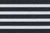 Zebra-style roller blind: alternating opaque white and textured charcoal-gray woven horizontal bands filling the frame; bands aligned to block or filter light in a close-up interior view.
