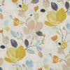 Floral fabric panel displaying large mustard-yellow, beige and blue stylized blossoms and slender black stems; printed pattern repeats across a light cream background, suggesting a soft decorative textile.
