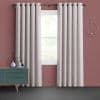 Cream grommet curtains, evenly pleated and hung on metal rod, part at center to reveal diffused daylight through double-hung window; room with rose-painted wall, teal console and gray carpet.