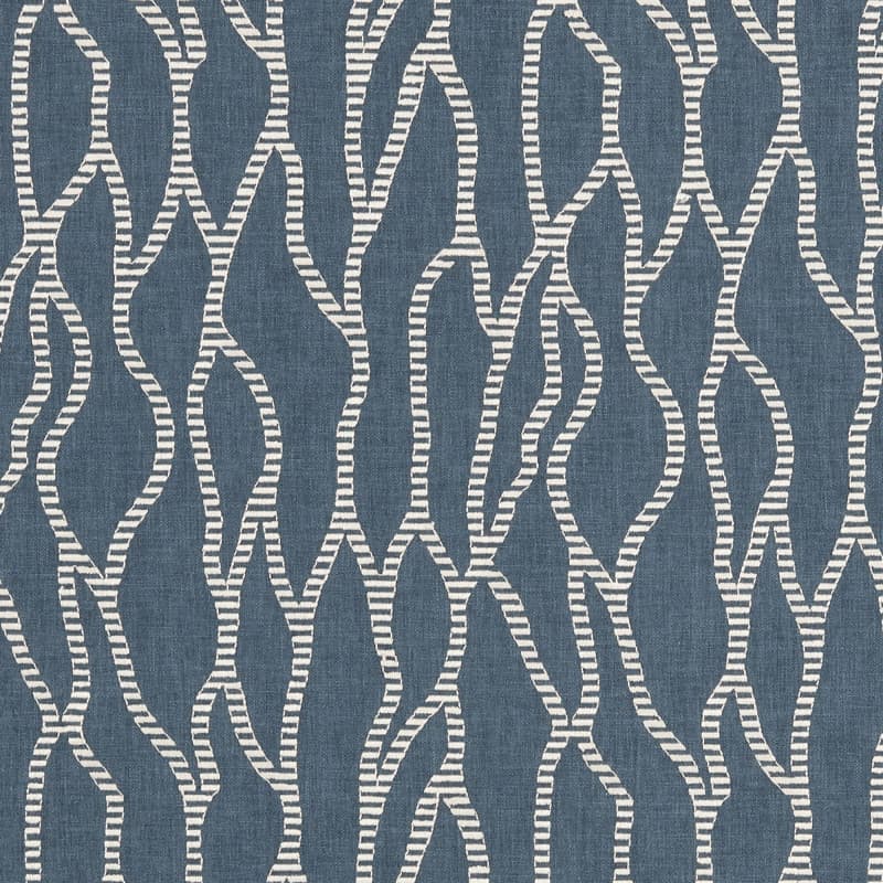 Woven textile featuring repeating vertical, meandering white striped lines with a stitched look — covering the surface against a muted denim-blue background in a flat, close-up, evenly lit view.