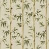 Vertical bamboo-patterned wallpaper depicting slender green bamboo stalks with lanceolate leaves and hanging seed-pod ornaments, arranged in vertical rows on a neutral beige background, flat decorative surface.