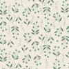 Small mint-green circular flower clusters with thin dark-green stems and paired leaves, plus tiny triangular accents, repeat in a scattered, alternating pattern across a lightly textured cream-beige background.