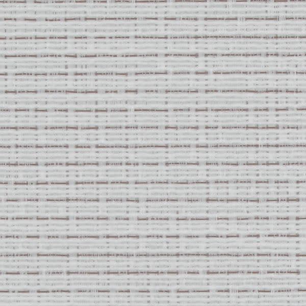 Woven roller blind, tightly lowered, showing white and pale-gray horizontal threads and textured weave; filtering daylight and softly diffusing light into a neutral, evenly lit interior space.