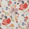 Cream textile featuring large stylized watercolor flowers and leaves (red, pink, orange, blue, green) printed across the surface; neutral background, close-up view, soft, airy aesthetic.