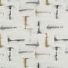 Abstract patterned textile, flat and white, printed with staggered blurred horizontal and vertical brushstrokes in gray and muted gold; displaying a watercolor-like repeating grid; set against neutral, softly lit background.