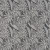 Stylized palmate leaves and small flowers (object) densely repeat and overlap (action) across a flat, grey wallpaper-like surface with fine linear shading, creating a tessellated botanical pattern (context).