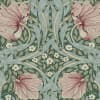 Large pale-pink stylized flowers curve outward, flanked by long blue-green ribbon-like leaves and clusters of small white blossoms, forming a symmetrical, repeating ornamental pattern on a muted green background.