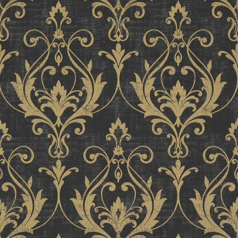 Ornate gold damask motifs—stylized leaves and scrolling flourishes—repeat symmetrically, adorning a flat, distressed charcoal wall surface, suggesting vintage, formal wallpaper in a dimly lit interior.