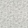 Wallpaper with matte pale background, covered in repeating fine-line botanical sketches of flowers, leaves and buds; pattern fills entire wall, creating a delicate, vintage monochrome decorative texture.