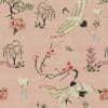 Embroidered silk fabric patterned with cranes, willow trees, pagodas, and cherry blossoms; cranes mid‑flight scattering petals; pale pink background suggesting a delicate, Asian‑inspired textile.