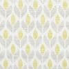 Textile panel (fabric or wallpaper) displaying a repeating vertical stylized leaf motif—pale yellow and light gray leaves on white; forming a seamless, evenly lit, mid-century modern pattern.