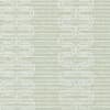 A pale green woven textile displays repeating vertical chain-like motifs in white, overlaying fine horizontal beige and mint stripes, giving a subtle, textured wallpaper-like appearance.