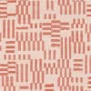 Woven textile displays repeating short orange horizontal and vertical bars arranged in staggered rectangular blocks, forming a geometric grid across a textured pale beige background.