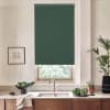 Green roller blind lowers over a kitchen window, partially blocking leafy outdoor view; stainless sink and faucet sit beneath on marble counter with bowls of vegetables, towel, plant and art.
