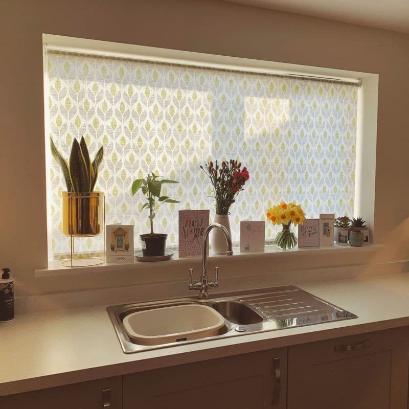 Patterned roller blind, lowered and semi‑translucent, filtering daylight over a kitchen sink; windowsill holds potted plants, vases of flowers, and several greeting cards.
Clarity
New Home
Happy New Home
COWSHED