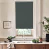 Dark gray roller blind covers the window, blocking light above a stainless-steel sink; countertop displays faucet, bowls of leafy greens, potted plants, and a framed architectural sketch on the wall.