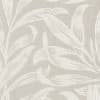 Embossed leaf pattern spreads across a neutral beige textured background, white raised elongated leaves flowing and overlapping in a repeating botanical design, resembling woven wallpaper or upholstery fabric.