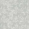 Gray linen-textured wallpaper with repeating white leafy vine pattern; decorating and covering a wall surface; shown close-up under even, soft diffuse lighting as a fabric-like sample.