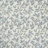 Decorative fabric or wallpaper with repeating blue leafy vine motifs; pattern printed across a cream surface, evenly lit close-up, used as wall covering or upholstery for a classic botanical interior.