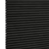 Black cellular (honeycomb) pleated blind, lowered and closed with left-edge cells exposed, blocking light; close-up studio product shot on neutral white background with even lighting.