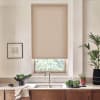 Beige roller blind covers a window above a stainless sink, filtering light into a modern kitchen countertop with faucet, potted plants, a bowl of leafy vegetables, and framed sketch.