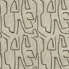 Beige wallpaper with irregular dark-brown hand-drawn linear motifs (umbrella-like shapes and looping lines) repeated in a mirrored pattern across a softly textured, neutral-toned surface.