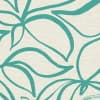 Turquoise stylized leaf outlines sweep across a beige, linen-textured background, overlapping and flowing in organic curves to form a repeating, abstract botanical pattern.