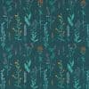 Teal fabric patterned with slender wildflower stems in turquoise, orange, and lavender, arranged in vertical repeats, creating a delicate botanical motif on a textured dark teal/blue-green textile background.