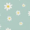 White daisies with yellow centers are scattered across a textured seafoam-green background, varying in size and spacing to form a playful repeating floral pattern.